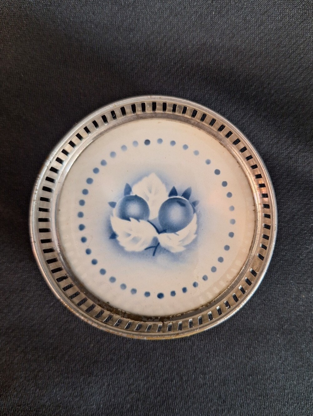 Vintage German Porcelain And Metal Coaster Blue White